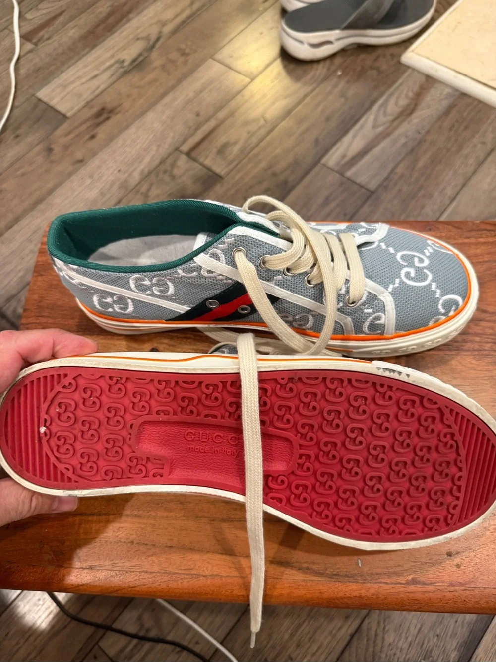 Gucci Mans tennis 1977 Gray GG Canvas Sneakers with Green Lining and Orange Trim